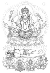 LALITA SITTING ON A BED SUPPORTED BY FOUR MALE GODS